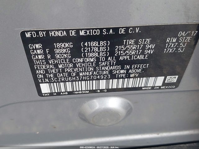 3CZRU6H37HG704923 Honda r18z9