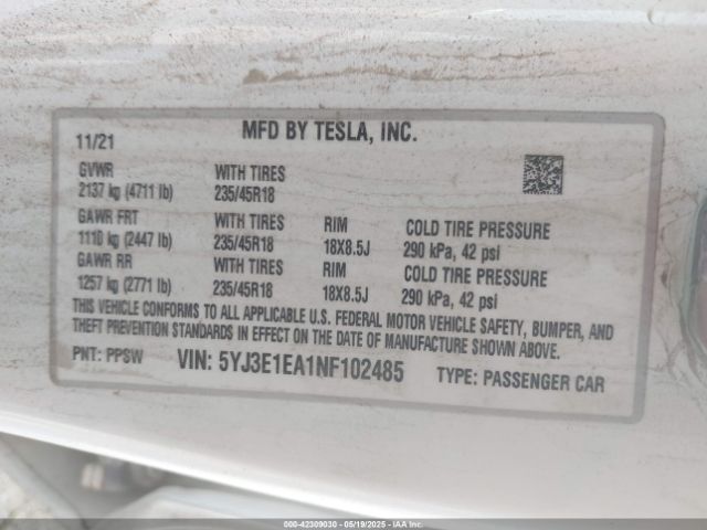2022 TESLA MODEL 3 5YJ3E1EA1NF102485 Photo 8