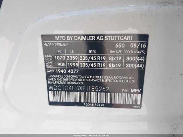 WDCTG4EBXFJ185262 Mercedes-Benz GLA 250