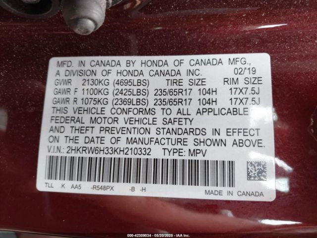 2HKRW6H33KH210332 Honda CR-V LX