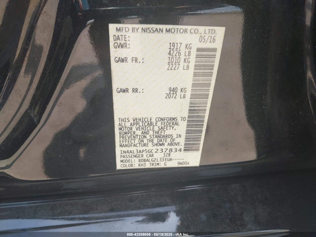 1N4AL3AP5GC237834 Nissan Altima 2.5/2.5 S/2.5 Sl/2.5 Sr/2.5 Sv
