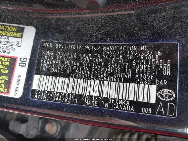2T1BURHE8GC648641 Toyota COROLLA LE