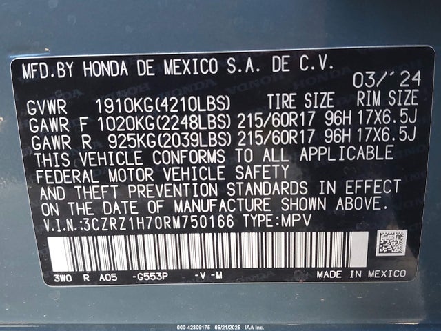 3CZRZ1H70RM750166 Honda k20z5