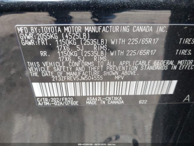 2T3ZFREV5JW504555 Toyota RAV4 LE