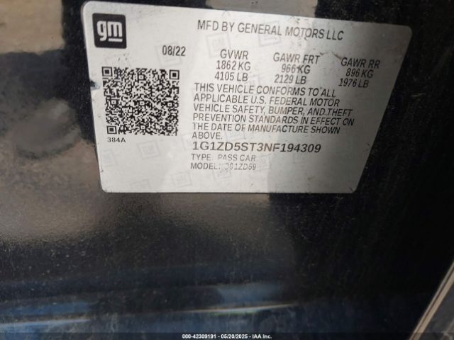 1G1ZD5ST3NF194309 Chevrolet Malibu Fwd Lt