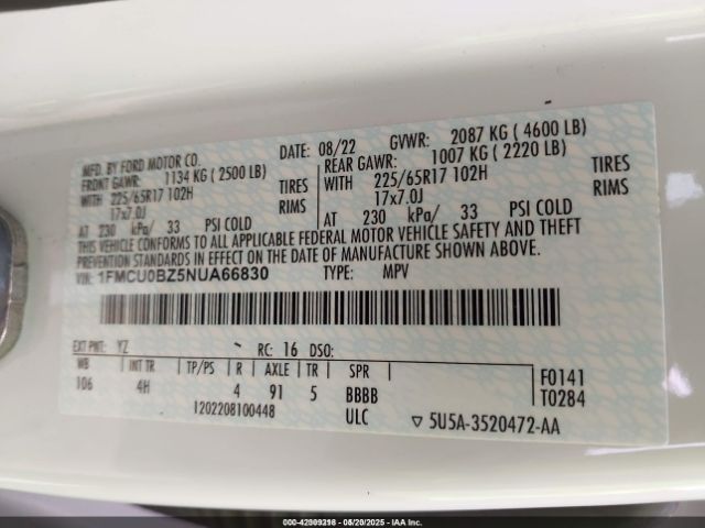 1FMCU0BZ5NUA66830 Ford Escape Se Hybrid