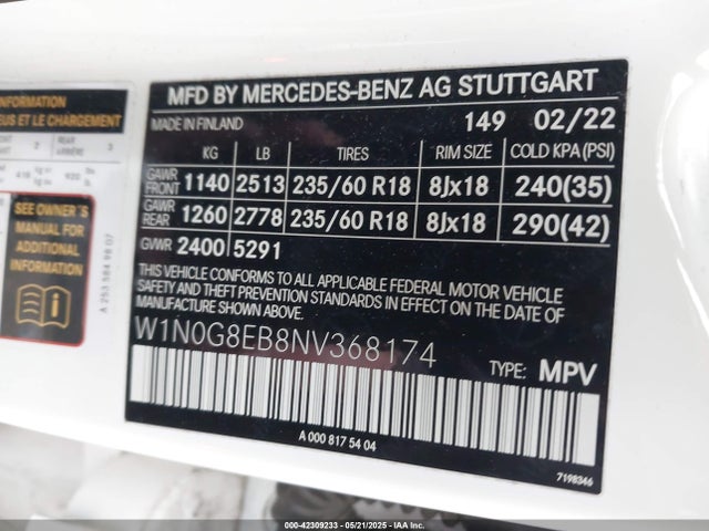 W1N0G8EB8NV368174 Mercedes-Benz m274
