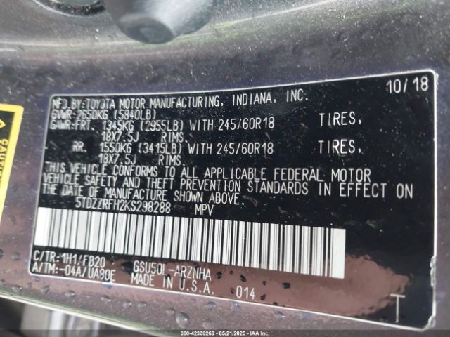 2019 TOYOTA HIGHLANDER 5TDZZRFH2KS298288 Photo 8