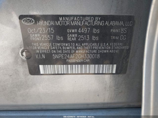 5NPE24AF2GH330018 Hyundai SONATA SE