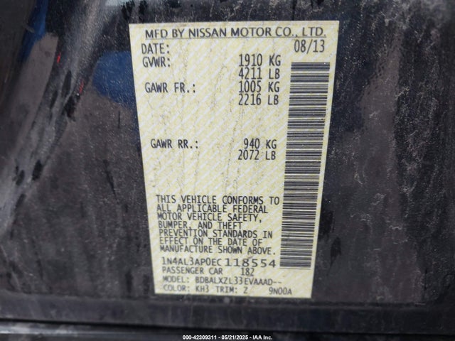 1N4AL3AP0EC118554 Nissan Altima 2.5 Sl