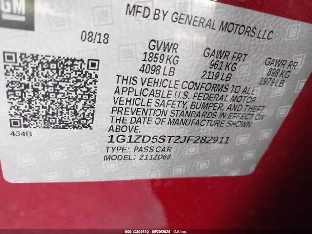 Chevrolet lfv - direct injection, variable valve timing, gen 1 2018 1G1ZD5ST2JF282911 Image 9