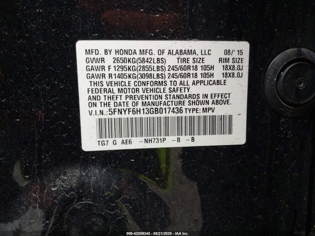 5FNYF6H13GB017436 Honda PILOT LX