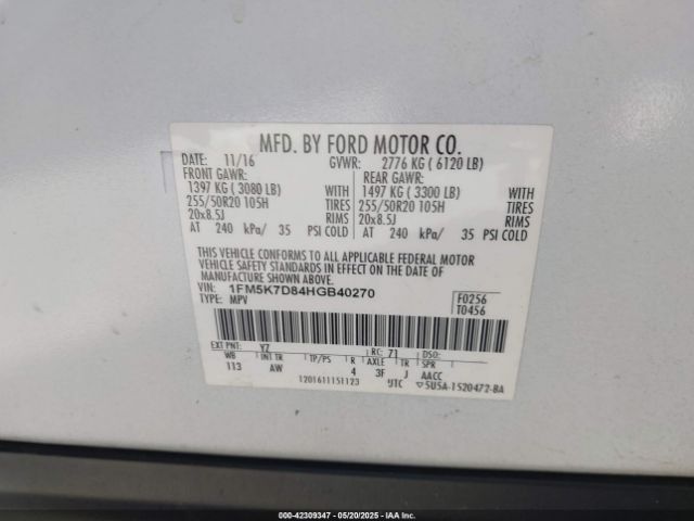 1FM5K7D84HGB40270 Ford EXPLORER XLT