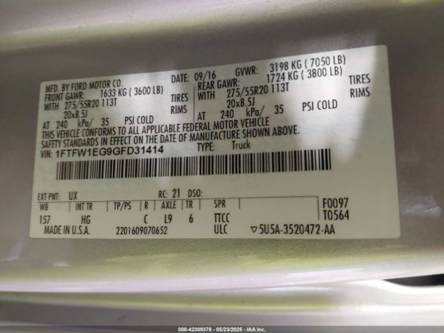 1FTFW1EG9GFD31414 Ford F-150 Lariat