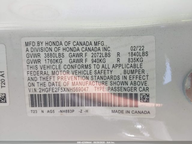 2HGFE2F5XNH569047 Honda Civic Sport