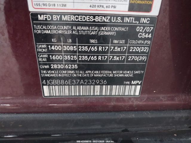 2007 MERCEDES-BENZ ML 350 4JGBB86E37A232936 Photo 8