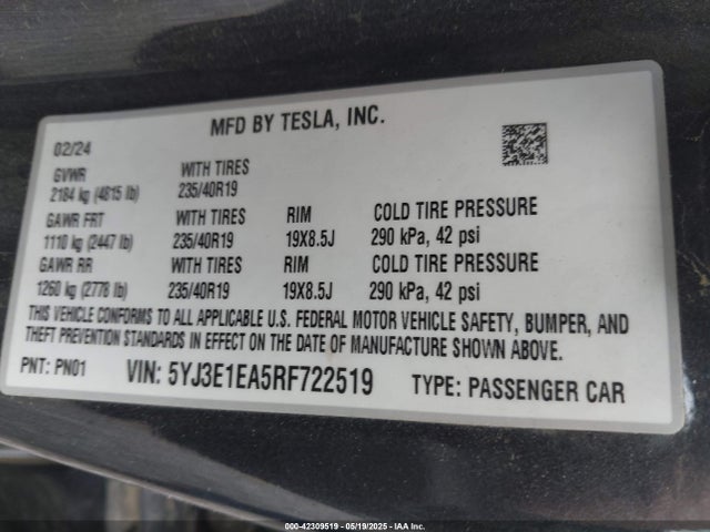 2024 TESLA MODEL 3 5YJ3E1EA5RF722519 Photo 8