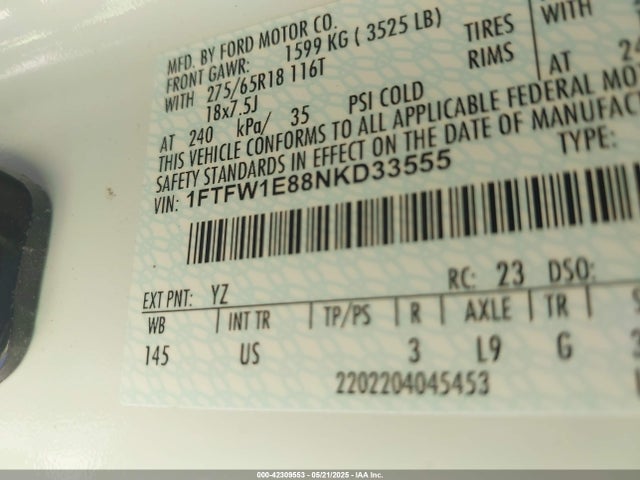 1FTFW1E88NKD33555 Ford F-150 Xlt