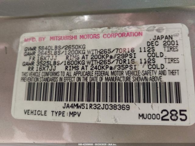 2002 MITSUBISHI MONTERO JA4MW51R32J038369 Photo 8