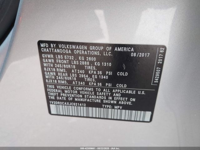1V2DR2CAXJC521412 Volkswagen Atlas 3.6l V6 Se/3.6l V6 Se W/technology
