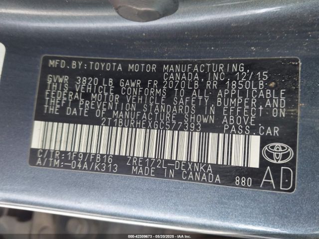 2T1BURHEXGC577393 Toyota COROLLA LE