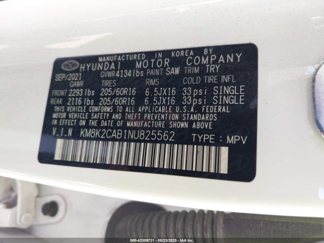 KM8K2CAB1NU825562 Hyundai Kona Se