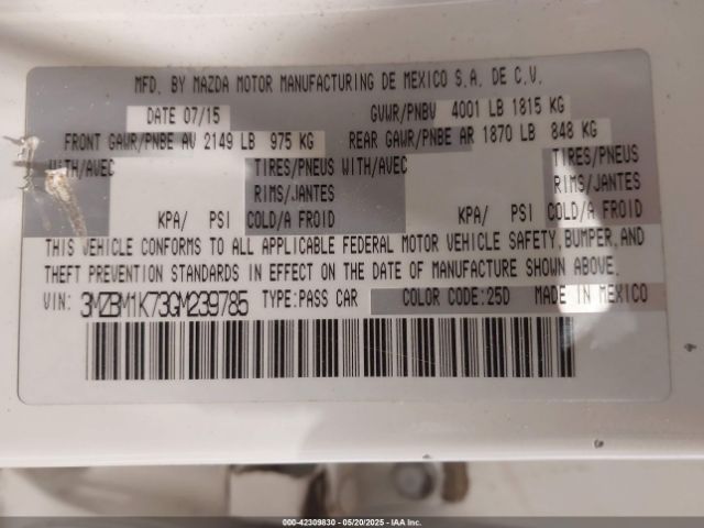 3MZBM1K73GM239785 Mazda Mazda3 I Sport