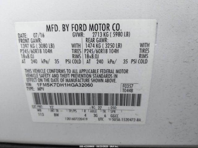 1FM5K7DH1HGA32060 Ford EXPLORER XLT