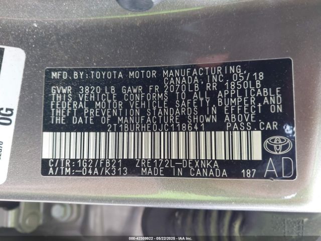 2T1BURHE0JC118641 Toyota COROLLA LE