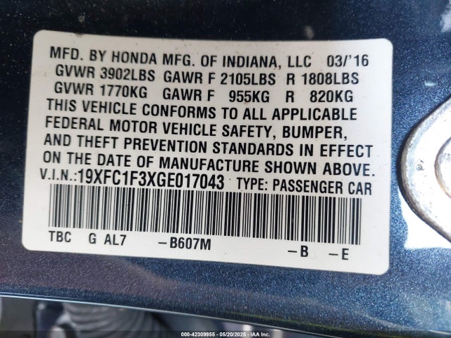 19XFC1F3XGE017043 Honda Civic Ex-t
