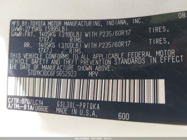 5TDYK3DC6FS652923 Toyota Sienna Xle Premium 8 Passenger