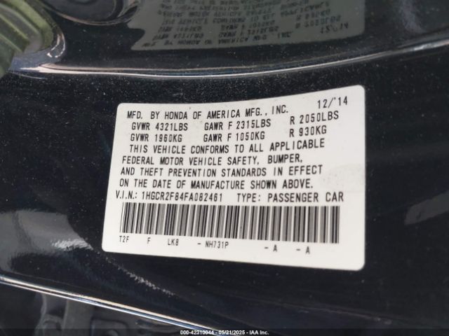 1HGCR2F84FA082461 Honda Accord Ex-l