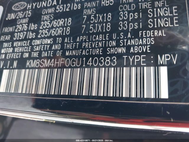KM8SM4HF0GU140383 Hyundai Santa Fe Se