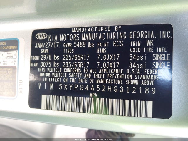 5XYPG4A52HG312189 KIA 2017