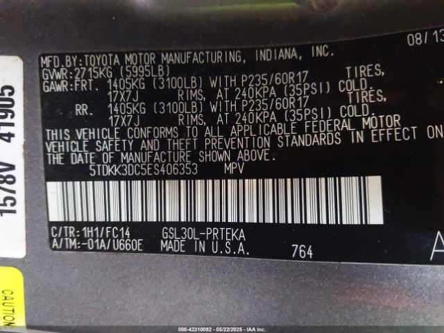 5TDKK3DC5ES406353 Toyota Sienna Le V6 8 Passenger