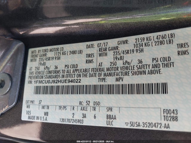 1FMCU0J92HUE94022 Ford 2017