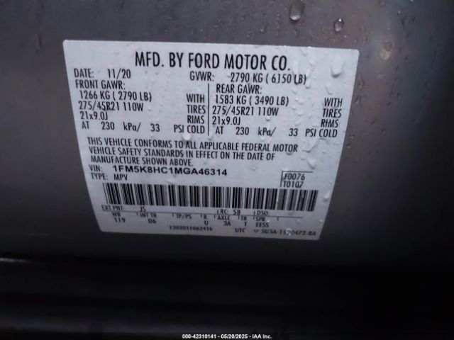 1FM5K8HC1MGA46314 Ford Explorer Platinum