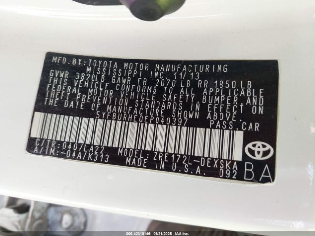 5YFBURHE0EP040397 Toyota Corolla S Premium