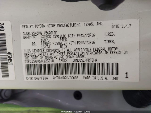 5TFCZ5AN0JX123218 Toyota Tacoma Sr V6
