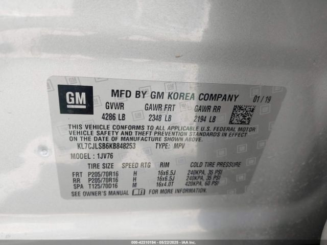 KL7CJLSB6KB848253 Chevrolet Trax Lt
