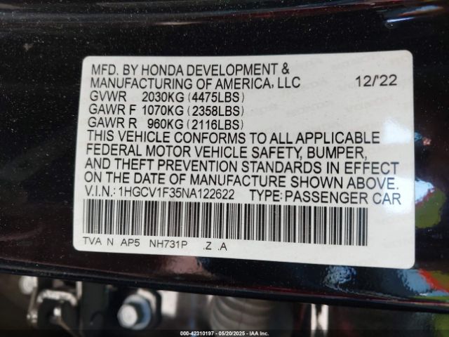 1HGCV1F35NA122622 Honda l15be