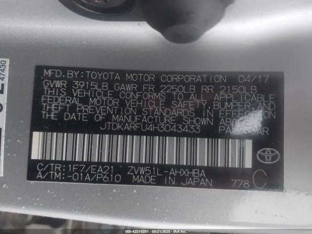 2017 TOYOTA PRIUS JTDKARFU4H3043433 Photo 8