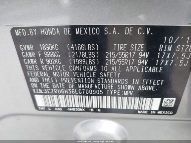 3CZRU6H36LG700905 Honda Hr-v Awd Lx