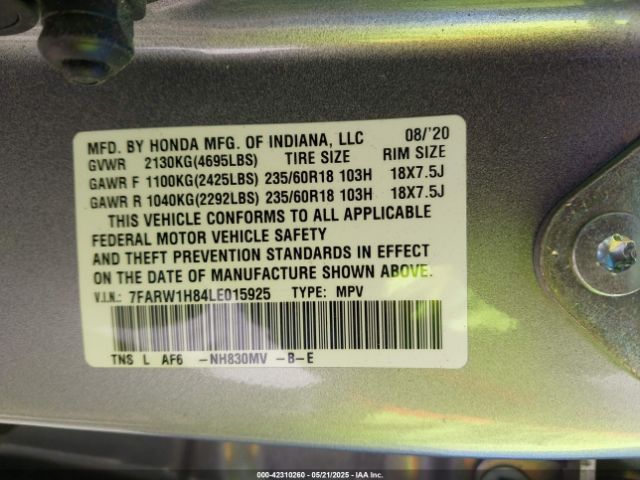 7FARW1H84LE015925 Honda Cr-v 2wd Ex-l