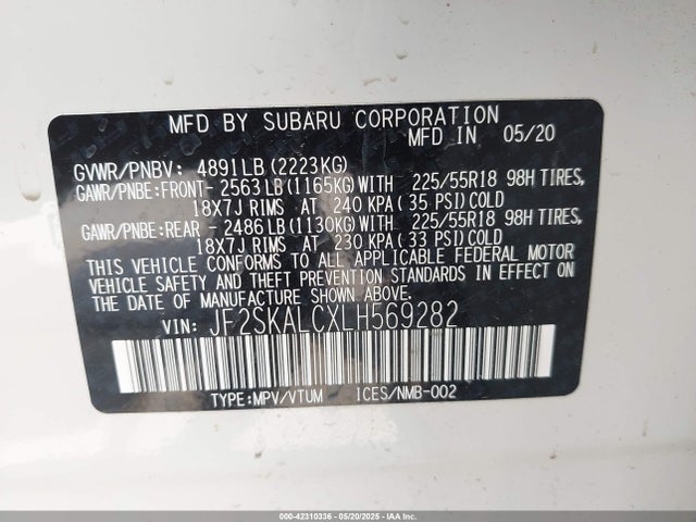 JF2SKALCXLH569282 Subaru naturally aspirated u5