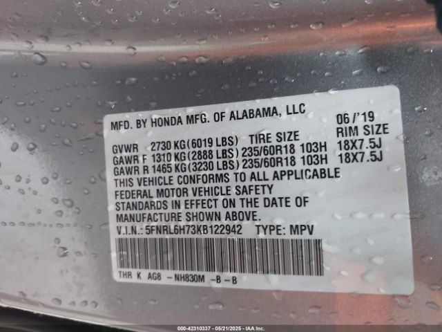 2019 HONDA ODYSSEY 5FNRL6H73KB122942 Photo 8