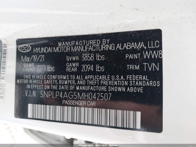 5NPLP4AG5MH042507 Hyundai mpi nu pe