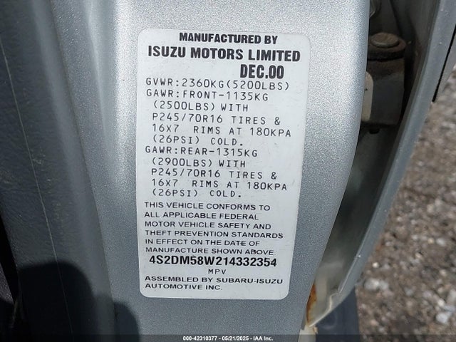 2001 Isuzu Rodeo Ls 3.2l/ls 3.2l V6/lse 3.2l V6/s/s 3.2l V6 მანქანა იყიდება აუქციონზე, vin: 4S2DM58W214332354, აუქციონის ნომერი: 42310377