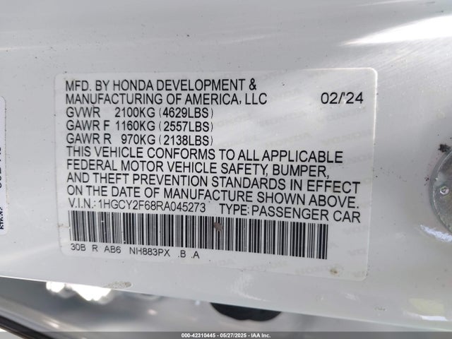 1HGCY2F68RA045273 Honda lfc5