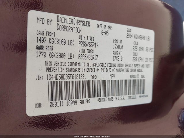 Auction sale of the 2005 Dodge Durango Limited, vin: 1D4HD58D35F618139, lot number: 42310505